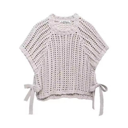 Hollow Out Knit Pullover Women Casual Round Neck Lace Up Bow Sweater Female Autumn Short Sleeves Solid Knitwears Lady