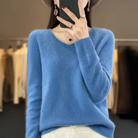 2024 100% Merino Pure Wool V-neck Autumn And Winter Pullover Sweater New Cashmere Sweater Women's Casual Knitted Top DMR201